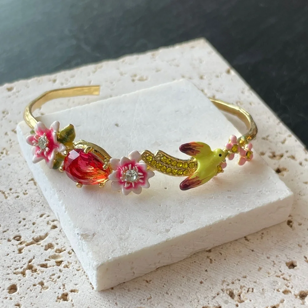 Les Nereides Gold Pink Bird Bracelet Floral Statement Jewelry